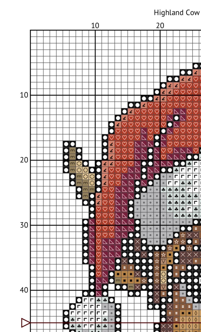 May include: Cross-stitch pattern depicting a Highland Cow, with the text "Highland Cow" at the top. The design uses shades of brown, red, and white, set against a grid background, suitable for needlecraft projects.