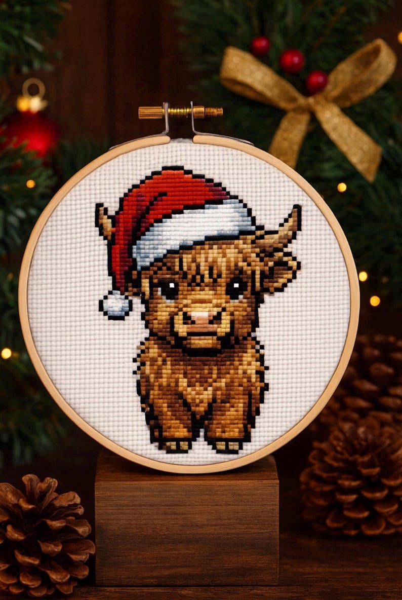 May include: A cross-stitch of a Highland cow wearing a Santa hat. The cow is brown with black eyes and a pink nose. The Santa hat is red and white. The cross-stitch is in a wooden embroidery hoop, with a wooden stand.