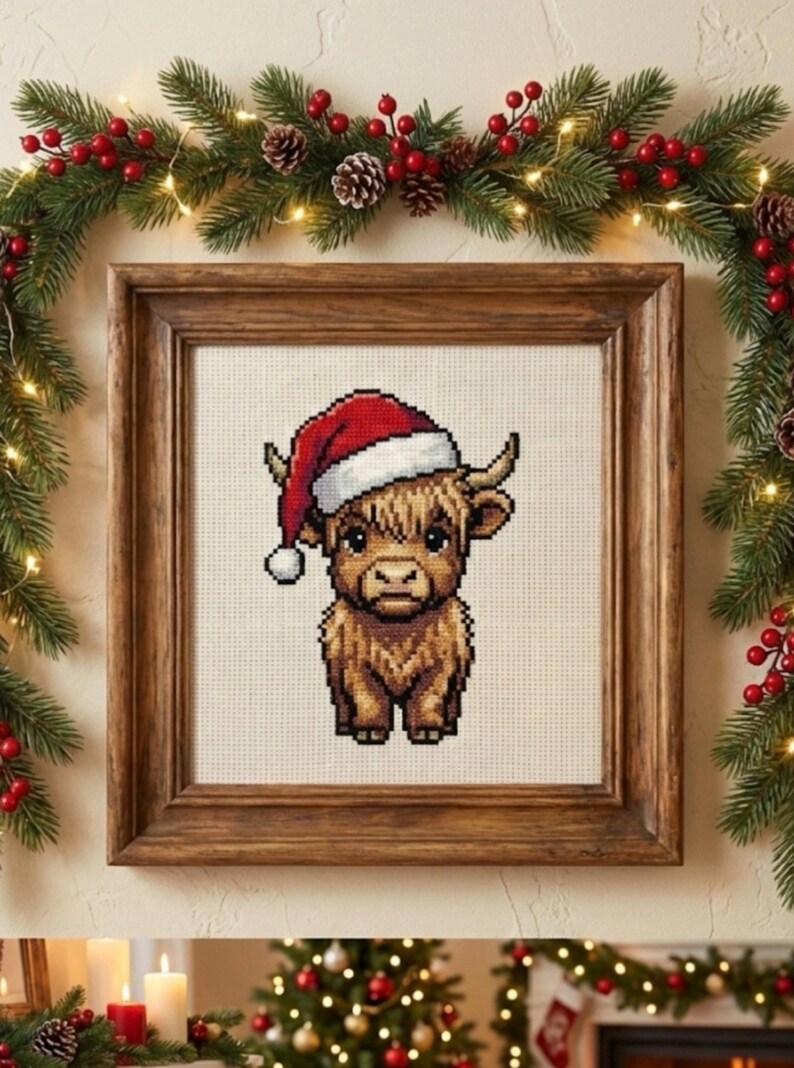 May include: A framed cross-stitch of a Highland cow wearing a Santa hat. The artwork is in a wooden frame and is surrounded by a festive garland of greenery, red berries, and fairy lights. A charming holiday decoration.