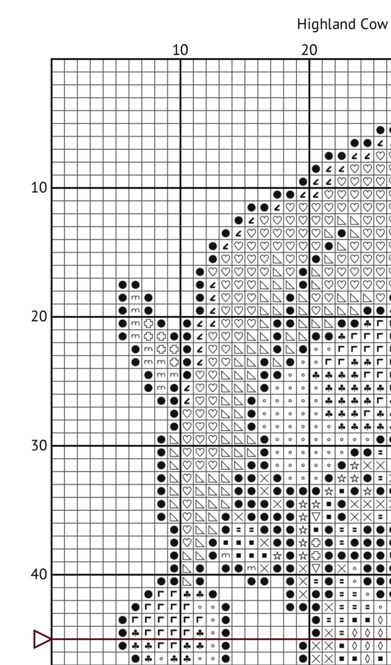 May include: Cross-stitch pattern chart depicting a Highland Cow. The grid is marked with numbers and various symbols, including circles, triangles, and squares. The text "Highland Cow" is at the top.