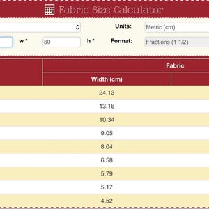 May include: A fabric size calculator with a maroon header and a cream-colored body. The calculator includes fields for fabric type, pattern size, width, and height. A table displays cloth count, width in cm, and height in cm.