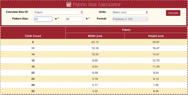 May include: A fabric size calculator with a maroon header and a cream-colored body. The calculator includes fields for fabric type, pattern size, width, and height. A table displays cloth count, width in cm, and height in cm.