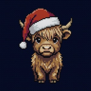 May include: A digital image of a Highland cow wearing a red and white Santa hat. The cow is depicted in shades of brown with a shaggy coat and small horns. The background is a dark blue, textured pattern.