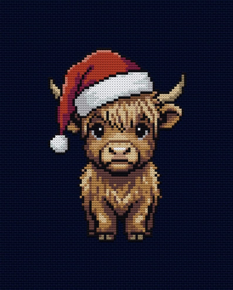 May include: A digital image of a Highland cow wearing a red and white Santa hat. The cow is depicted in shades of brown with a shaggy coat and small horns. The background is a dark blue, textured pattern.