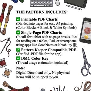 May include: An image featuring cross-stitch materials: thread, needles, scissors, and a pin cushion. The text states "THE PATTERN INCLUDES: Printable PDF Charts, Single-Page PDF Charts, Pattern Keeper Compatible PDF, DMC Color Key".
