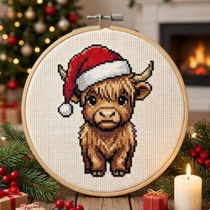 May include: A cross-stitch embroidery of a Highland cow wearing a Santa hat, set in a wooden embroidery hoop. The cow is brown and tan, with a red and white hat. The background includes a Christmas tree, fireplace, and gifts.