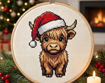 Highland Cow Cross Stitch Pattern | Christmas Scottish Coo PDF | Easy Beginner Animal Ornament | Rustic Farmhouse Decor Chart