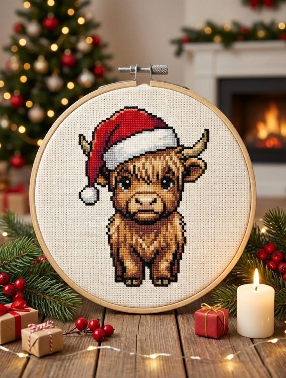 Highland Cow Cross Stitch Pattern | Christmas Scottish Coo PDF | Easy Beginner Animal Ornament | Rustic Farmhouse Decor Chart