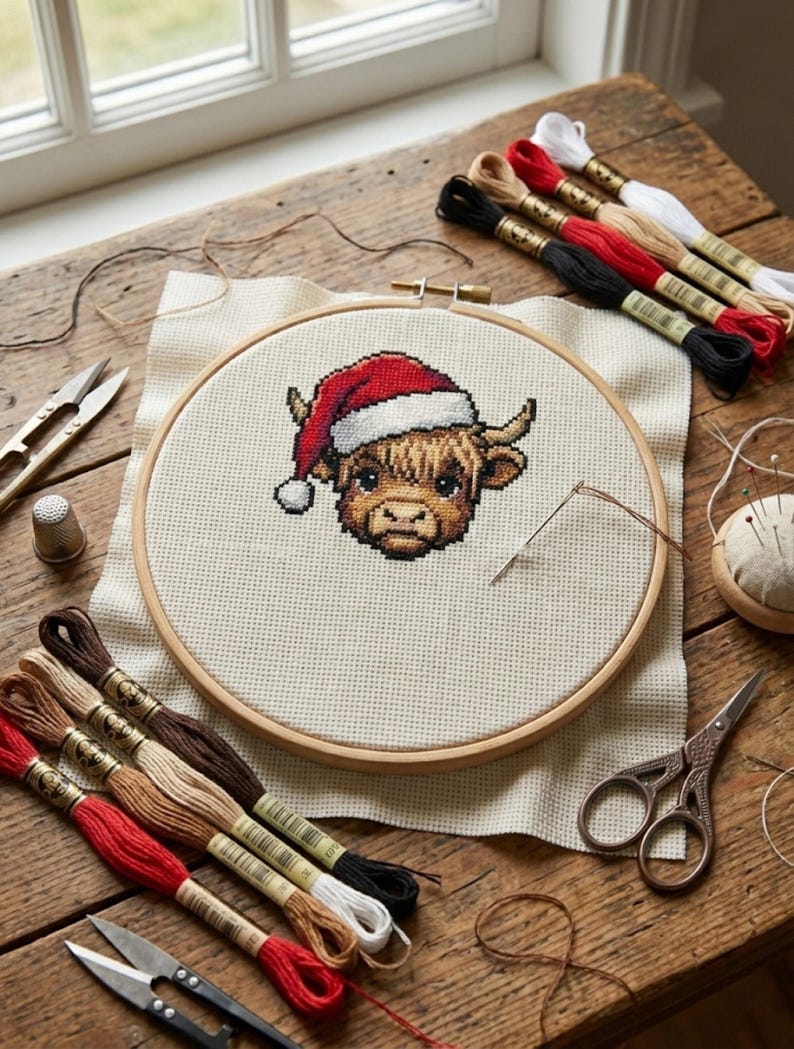 May include: A cross-stitch of a Highland cow wearing a Santa hat, displayed in a wooden hoop. The image shows embroidery floss in various colours, scissors, and a needle, indicating a crafting project.