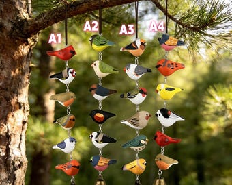 Oiseaux fabriqués à la main, ornements d'oiseaux peints, sculptés à la main, carillon éolien en bois