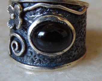 Bague spinelle noire naturelle en argent sterling 925 au look vintage