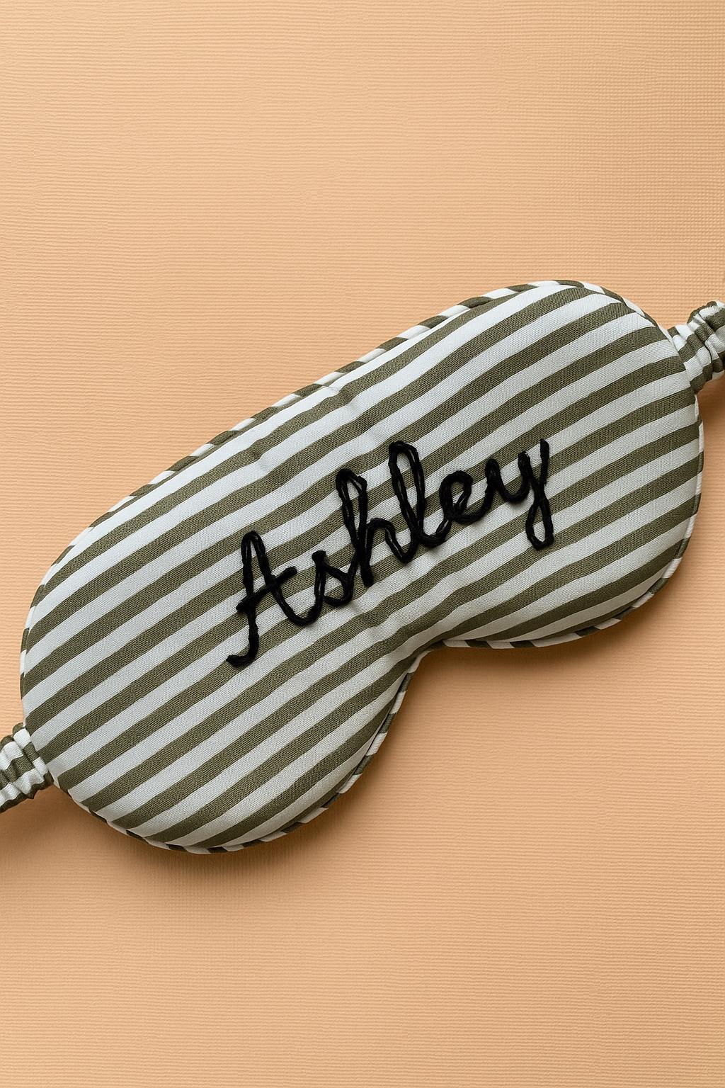 Custom Embroidered Sleep Mask – Personalized Name Eye Mask, Striped Cotton, Handmade Gift for Her, Travel, Spa, Bridesmaid Favor