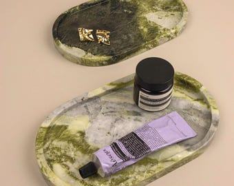 Green Oval Marble Tray – Bathroom Decor, Coffee Table & Bedside Table Tray, Natural Stone Gift
