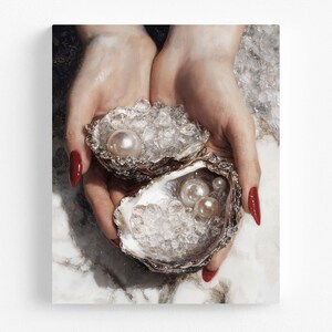 Pearl Offering – Oil Painting Still Life | Hands Holding Oyster Shells | Printable Artwork