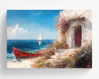 May include: Oil painting of a coastal scene with a red boat on the shore. A white sailboat sails on the blue sea under a bright sky. A white building with a red door and flowering vines is on the right.