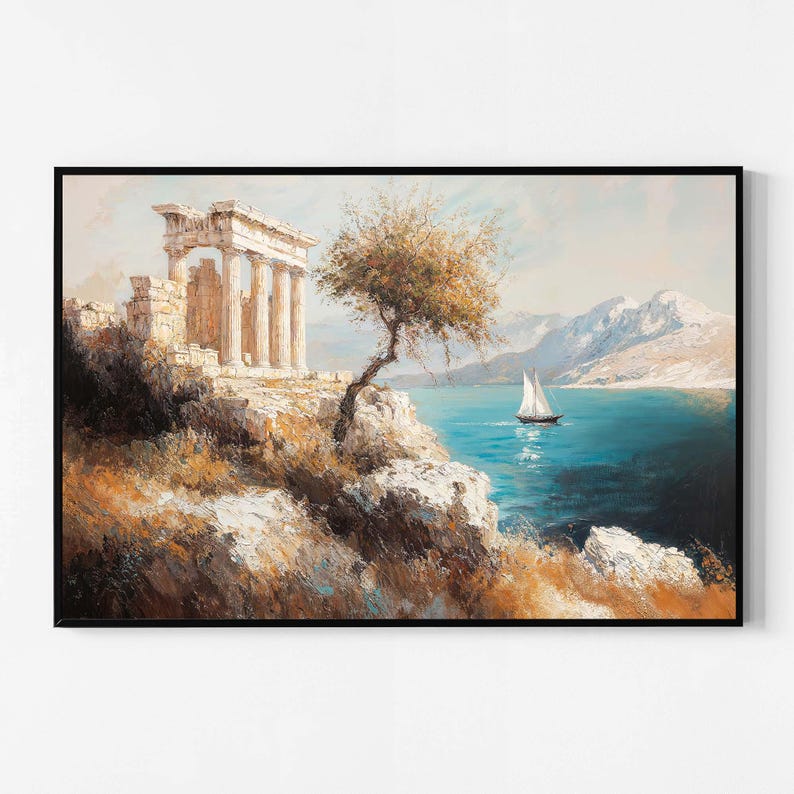 Puede incluir: Pintura de paisaje enmarcada que representa una ruina cl&aacute;sica con columnas en un acantilado con vistas a un mar turquesa. Un velero navega sobre el agua y hay monta&ntilde;as al fondo. Un &aacute;rbol crece en el acantilado. La obra de arte est&aacute; en un marco negro.