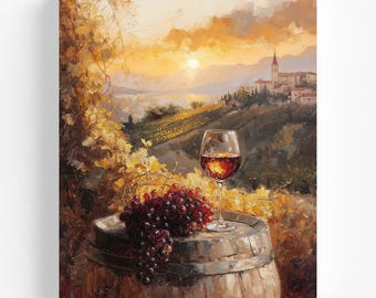 Atardecer en un viñedo toscano: bodegón de vino y uvas | Decoración rústica de paisaje campestre | Lámina decorativa para pared | Descarga instantánea