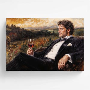 Könnte beinhalten: Ölgemälde einer Person in einem schwarzen Smoking, die ein Glas Rotwein hält. Die Person sitzt in einem Stuhl, mit einer Landschaft im Hintergrund. Das Gemälde hat eine warme Farbpalette.