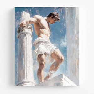 Könnte beinhalten: Leinwanddruck einer muskulösen Figur in klassischer Pose, die sich an eine weiße Säule lehnt. Die Figur ist in weißen Stoff gehüllt, vor dem Hintergrund eines blauen Himmels mit Wolken. Das Kunstwerk hat einen malerischen Stil.