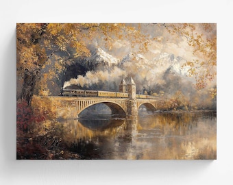 Tren Dorado sobre Puente Otoñal – Paisaje Rústico con Pintura al Óleo | Arte Mural Ferroviario Vintage | Ilustración detallada | Imprimible | Descarga Instantánea