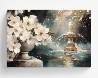 Elegante estatua junto a la fuente de las flores – Paisaje etéreo pintado al óleo | Arte romántico de jardín mítico | Imprimible | Descarga instantánea