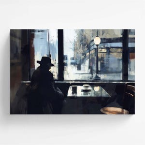 Könnte beinhalten: Ein impressionistisches Gemälde zeigt eine Person mit Hut an einem Cafétisch, die aus einem großen Fenster blickt. Eine Tasse und Untertasse stehen auf dem Tisch. Die Szene ist in gedämpften Blau-, Grau- und Brauntönen gemalt, mit einer Straßenszene draußen.