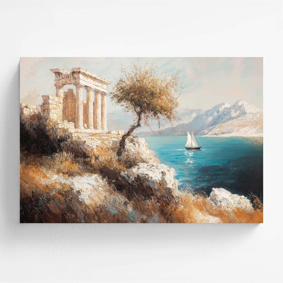 Ancient Greek Ruins by the Sea – Classical Oil Painting Landscape | Mediterranean Wall Art | Nautical Decor | Printable | Instant Download