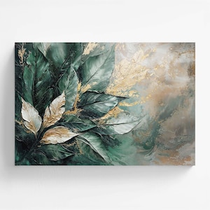 Luxurious Botanicals – Emerald Floral Oil Painting | Abstract Gold Leaf Art | Modern Tropical Nature | Printable | Instant Download