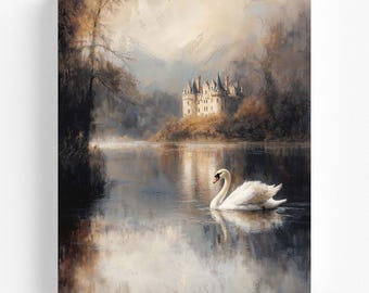 Cisne planeando en el reflejo del castillo: cuadro romántico de cuento de hadas | Paisaje pintado al óleo | Decoración vintage imprimible | Descarga instantánea