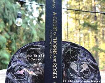 ACOTAR handmade Resin Bookends with black rose Flowers – Night Court Inspired Fantasy Bookshelf Decor Rhysand & Feyre version