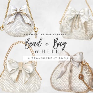 May include: Four white beaded bags with gold chain straps and large white bows. The bags are in different shapes and sizes. Text on the image reads "Bead & Bag White" and "4 Transparent PNGs".