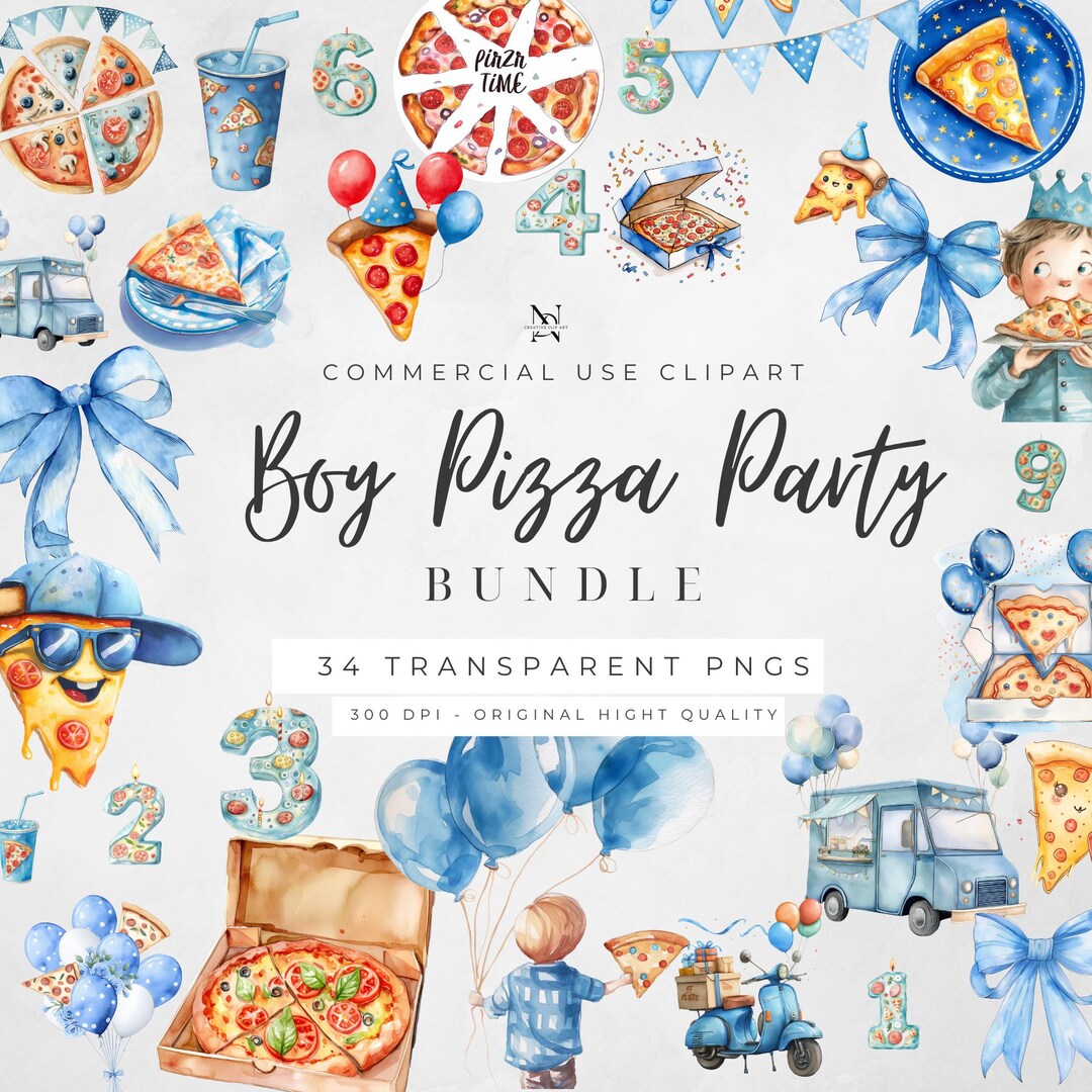 Pizza Party Clipart Bundle for Boys: Watercolor Birthday Graphics (PNG ...