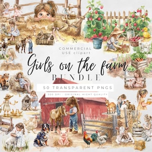 Watercolor Farm Clipart Bundle: Pastel Animals, Girls, and Scenes (PNG Digital Download)