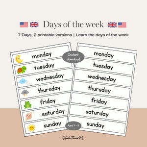 Op de afbeelding: Een printbaar educatief blad getiteld Days of the week met twee kolommen van de zeven dagen. De linkerkolom bevat kleine kleurrijke illustraties van een maan, schildpad, wolk, onweer, kikker, planeet en zon. Tekst bevat Instant download en Ages 4-6.