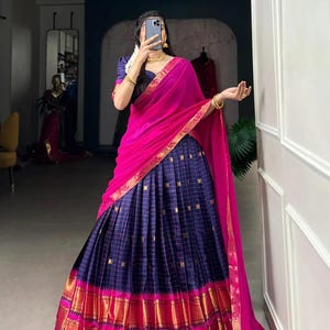 Designer Cotton Silk Half Saree Lehenga Set for Women,Pattu pavadai,Pavadai Sattai,ready made halfsaree southindian,Ready to Wear Half Saree