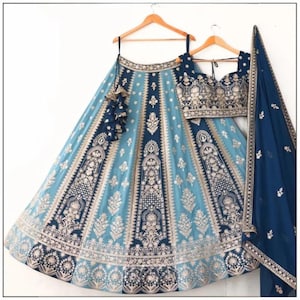 Teal And Sky Blue Georgette Sequin Embroidered Lehenga Choli Set For Women,South Asian Lehengas,Designer Lengha Bridesmaids Outfit chaniya