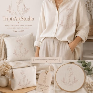 Puede incluir: Una colección de artículos bordados con un diseño floral y el texto "TriptiArtStudio". Los artículos incluyen una camisa color crema, un cojín, una bolsa y un bastidor de bordado. El bordado es de color rosa apagado. También se ve el texto "Stitched with love, worn with pride".