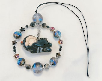 Black Cat Sleeping Doll Charm | Galaxy Beaded Wristlet, Bag Keychain