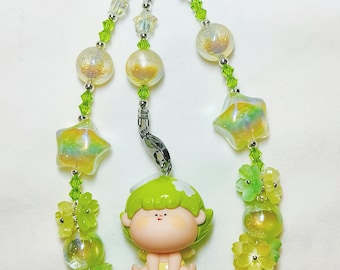 Green Angel Doll Phone Charm | Lucky Clover Beaded Wristlet Strap
