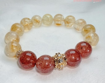 Handmade Citrine & Strawberry Quartz Bracelet • Gemstone Stretch Bracelet