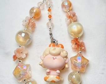 Handmade Kawaii Doll Phone Charm | Orange Pastel Beaded Wristlet Accessory