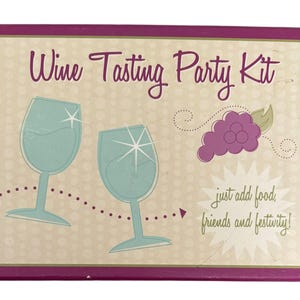 May include: A rectangular box for a Wine Tasting Party Kit with a magenta border and a cream-colored background featuring polka dots. The text reads Wine Tasting Party Kit and just add food, friends and festivity! with two teal wine glasses and grapes.