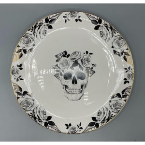 Set of 4, Skull & Roses, dinner plates, 10.75, Eaton Fine Dining, Gold Rimmed, NEW image 2