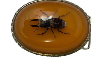 Stag Beetle in Resin Belt Buckle Dorcus hopei binodulosus black and Orange