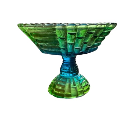 Vintage Jeanette Glass, Flash Blue Green ,pedestal Candy Dish