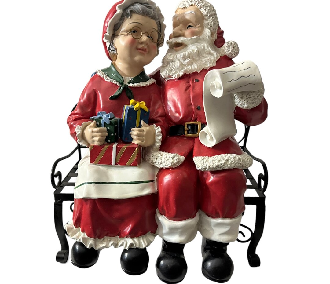 Kirkland Home Mr & Mrs Santa Statues Sitting on Metal Bench, Polyresin