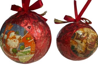 Vintage Decoupage Santa Papier Mache Christmas Red Baubles, 3 inch, set of 2