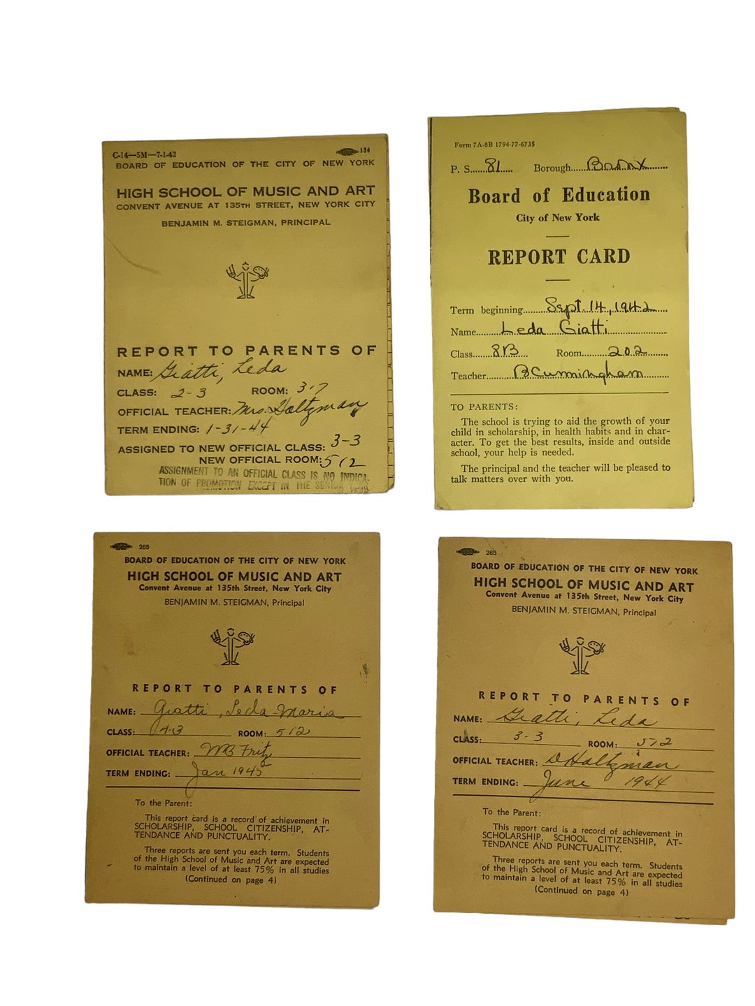 Vintage NYC Report Cards, 1945, NYC Board of Ed, High School of Music