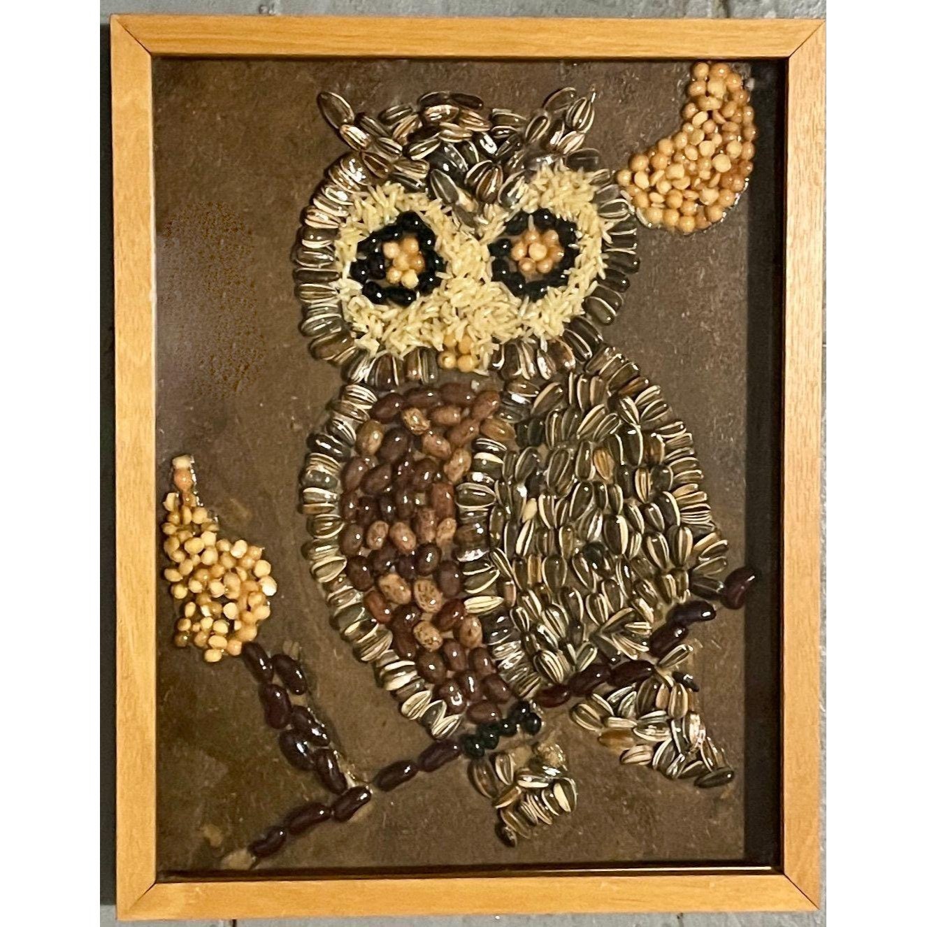 フクロウと月、額装アート、穀物、豆、種子で作られています
