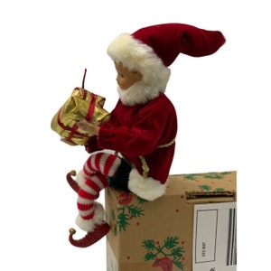 Large Vintage Elf with Gifts, Christmas Decor, Velveteen, Knit Stockings 8 inch